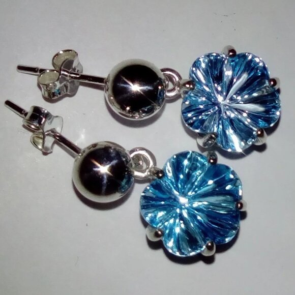 Stunning Flower Carved Natural Sky Topaz In Sterling Silver Stud Dangle Earrings - Picture 7 of 10